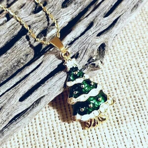 Christmas Tree Green White Gold Enamel Holiday Pendant Necklace